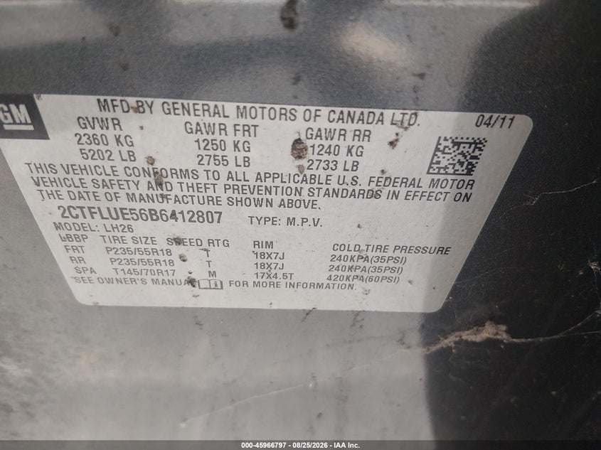 2011 Gmc Terrain VIN 2CTFLUE56B6412807 IAAI salvage auction — NORMAL WEAR, Clear (Tennessee), sold $850 on 2026-09-08 (photo 9)