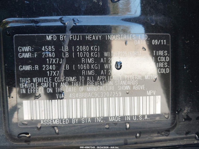 2012 Subaru Outback VIN 4S4BRBAC9C3207259 IAAI salvage auction — NORMAL WEAR, Salvage Title, sold $0 on 2026-09-29 (photo 9)
