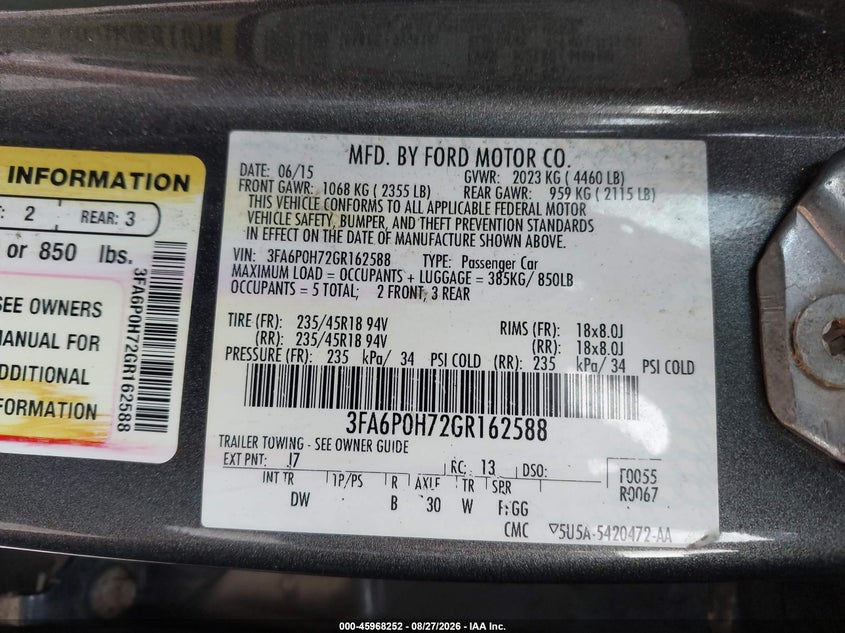 2016 Ford Fusion VIN 3FA6P0H72GR162588 IAAI salvage auction — NORMAL WEAR, Clear (Pennsylvania), sold $1,600 on 2026-09-06 (photo 9)