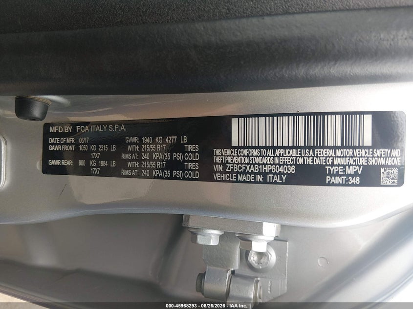 2017 Fiat 500x VIN ZFBCFXAB1HP604036 IAAI salvage auction — FRONT END, Clear (Oklahoma), sold $1,900 on 2026-09-28 (photo 9)