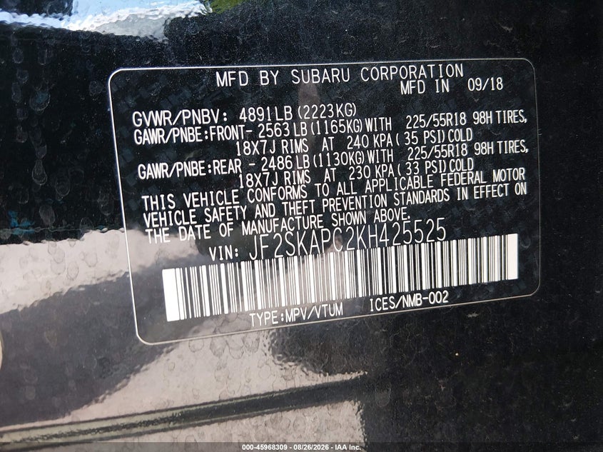 2019 Subaru Forester VIN JF2SKAPC2KH425525 IAAI salvage auction — REAR END, Salvage Title, sold $5,925 on 2026-09-23 (photo 9)