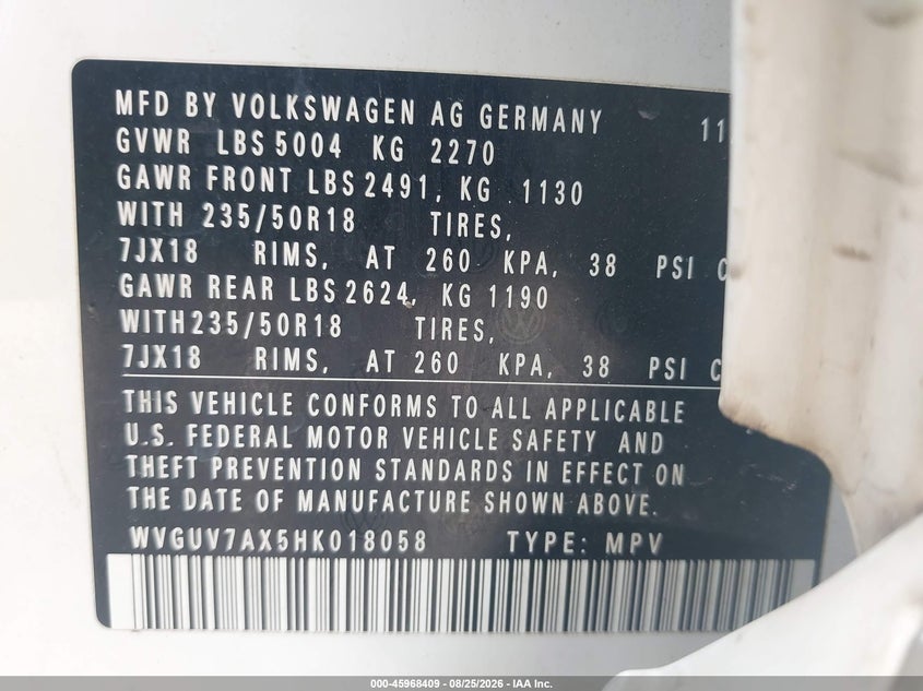 2017 Volkswagen Tiguan VIN WVGUV7AX5HK018058 IAAI salvage auction — REAR END, Salvage (Texas), sold $3,400 on 2026-09-19 (photo 9)