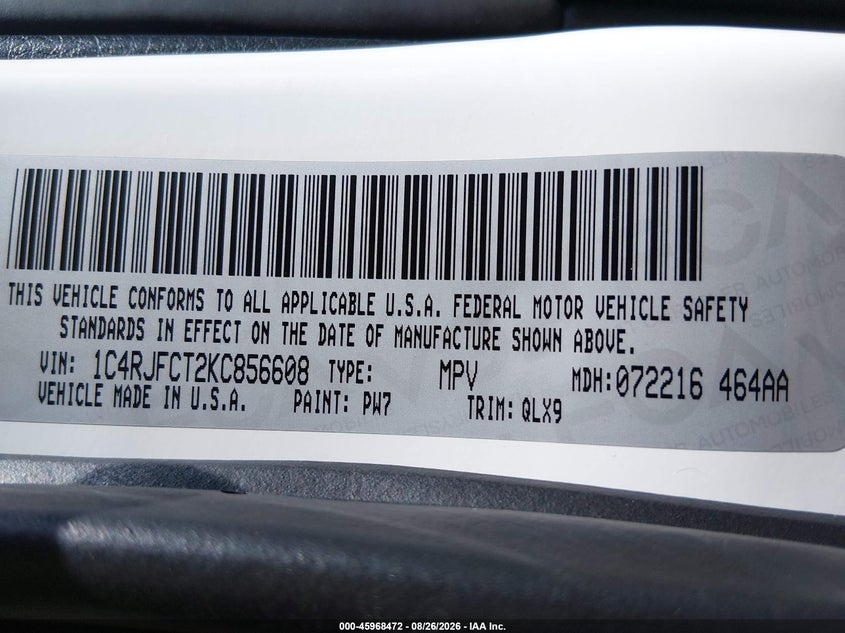2019 Jeep Grand cherokee VIN 1C4RJFCT2KC856608 IAAI salvage auction — FRONT END, Wait Title, sold $16,300 on 2026-09-09 (photo 9)