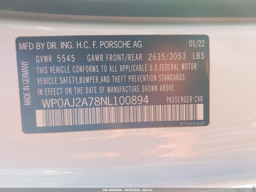 2022 Porsche Panamera VIN WP0AJ2A78NL100894 IAAI salvage auction — NO DAMAGE, Salvage Title, sold $49,500 on 2026-09-21 (photo 9)