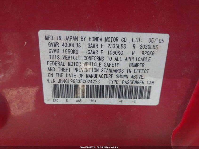 2005 Acura Tsx VIN JH4CL96835C024223 IAAI salvage auction — REAR END, Salvage (Arizona), sold $675 on 2026-09-08 (photo 9)