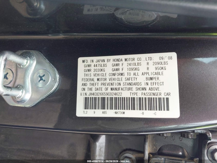 2009 Acura Tsx VIN JH4CU26659C024622 IAAI salvage auction — FRONT END, Salvage (South Carolina), sold $625 on 2026-09-26 (photo 9)