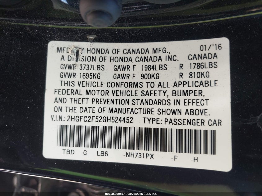 2016 Honda Civic VIN 2HGFC2F52GH524452 IAAI salvage auction — REAR END, Salvage (California), sold $4,300 on 2026-09-02 (photo 9)