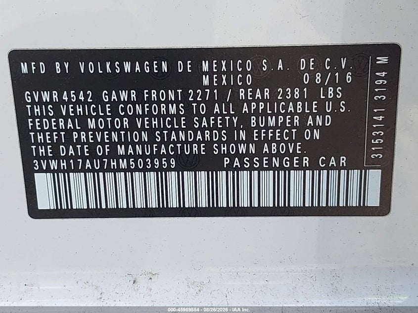 2017 Volkswagen Golf VIN 3VWH17AU7HM503959 IAAI salvage auction — FRONT END, Wait Title, sold $3,550 on 2026-09-26 (photo 9)