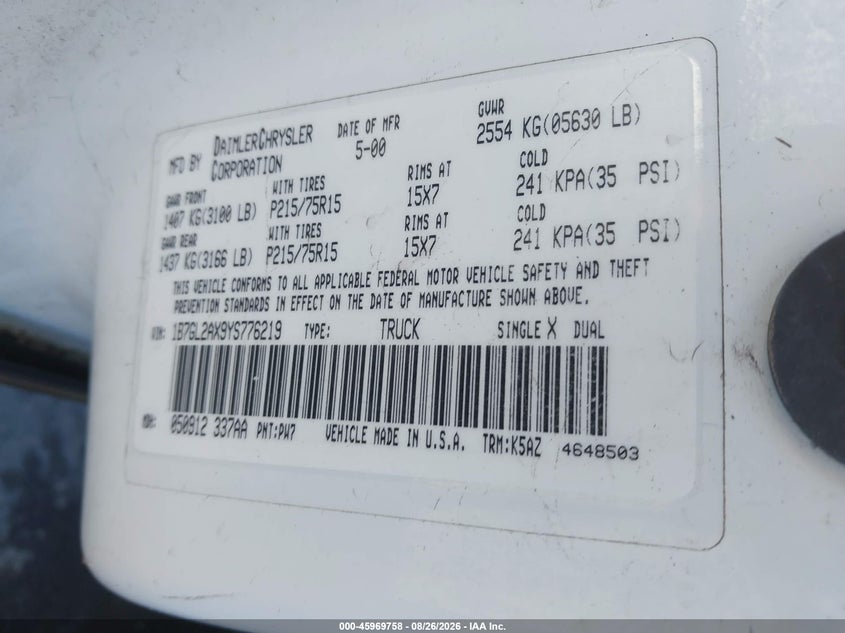 2000 Dodge Dakota VIN 1B7GL2AX9YS776219 IAAI salvage auction — NORMAL WEAR, Clear - Dealer Only (California), sold $300 on 2026-09-11 (photo 9)