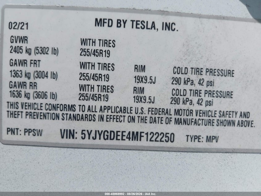 2021 Tesla Model y VIN 5YJYGDEE4MF122250 IAAI salvage auction — FRONT END, Wait Title, sold $5,900 on 2026-09-06 (photo 9)