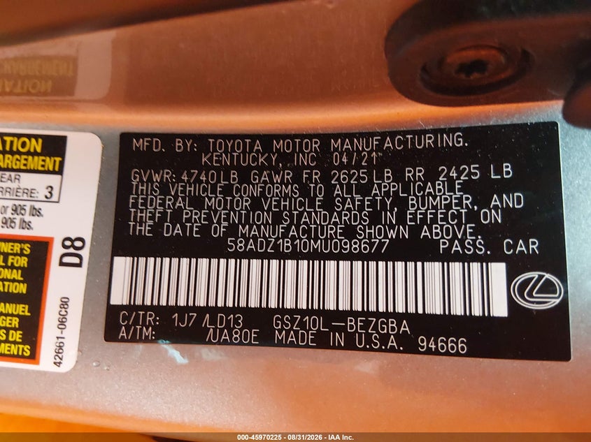 2021 Lexus ES VIN 58ADZ1B10MU098677 IAAI salvage auction — REAR END, Salvage Title, sold $18,500 on 2026-09-10 (photo 9)