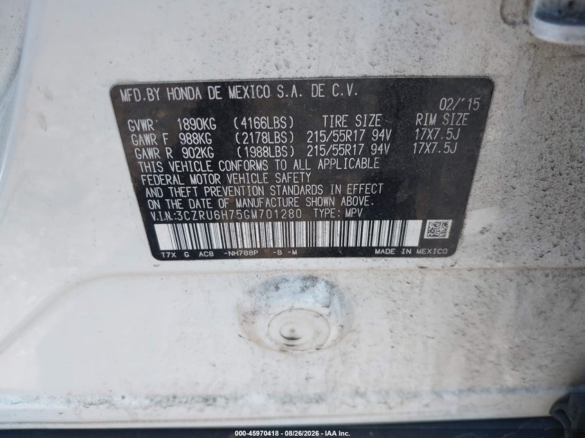 2016 Honda Hr-v VIN 3CZRU6H75GM701280 IAAI salvage auction — NORMAL WEAR, Clear (Kansas), sold $1,000 on 2026-09-06 (photo 9)