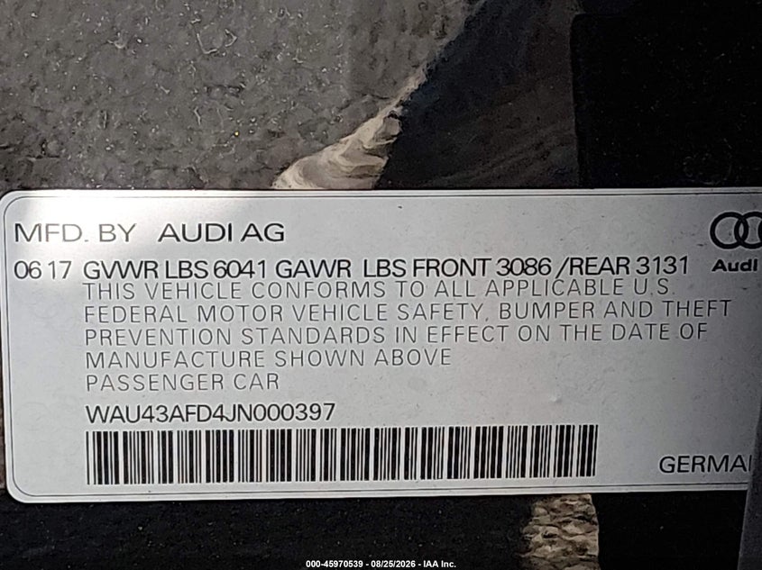 2018 Audi A8 VIN WAU43AFD4JN000397 IAAI salvage auction — SIDE, Salvage Title, sold $5,300 on 2026-10-09 (photo 9)