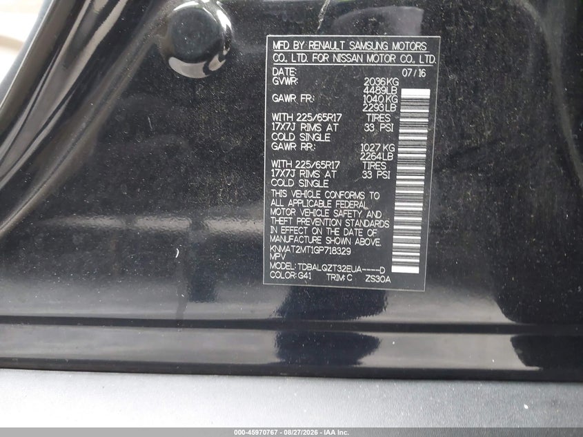 2016 Nissan Rogue VIN KNMAT2MT1GP718329 IAAI salvage auction — REAR END, Wait Title, sold $1,975 on 2026-09-16 (photo 9)