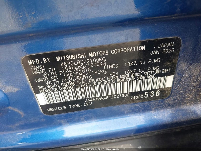2026 Mitsubishi Eclipse cross VIN JA4ATWAA8TZ027902 IAAI salvage auction — FRONT END, Salvage Title, sold $11,000 on 2026-08-30 (photo 9)