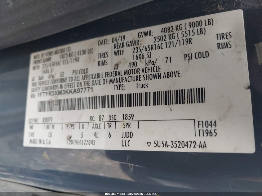 2019 Ford Transit-250 VIN 1FTYR3XM3KKA97771 IAAI salvage auction — LEFT & RIGHT, Clear (North Carolina), sold $8,650 on 2026-09-08 (photo 9)