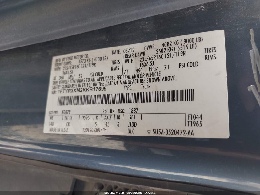 2019 Ford Transit-250 VIN 1FTYR3XM2KKB17699 IAAI salvage auction — LEFT & RIGHT, Clear (North Carolina), sold $8,350 on 2026-09-08 (photo 9)