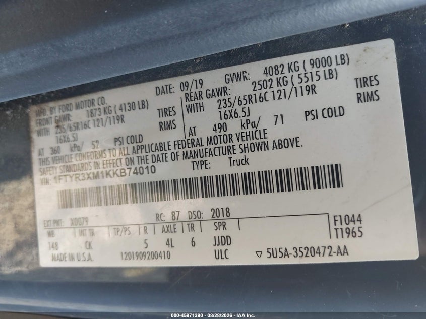 2019 Ford Transit-250 VIN 1FTYR3XM1KKB74010 IAAI salvage auction — LEFT & RIGHT, Clear (North Carolina), sold $7,900 on 2026-09-08 (photo 9)
