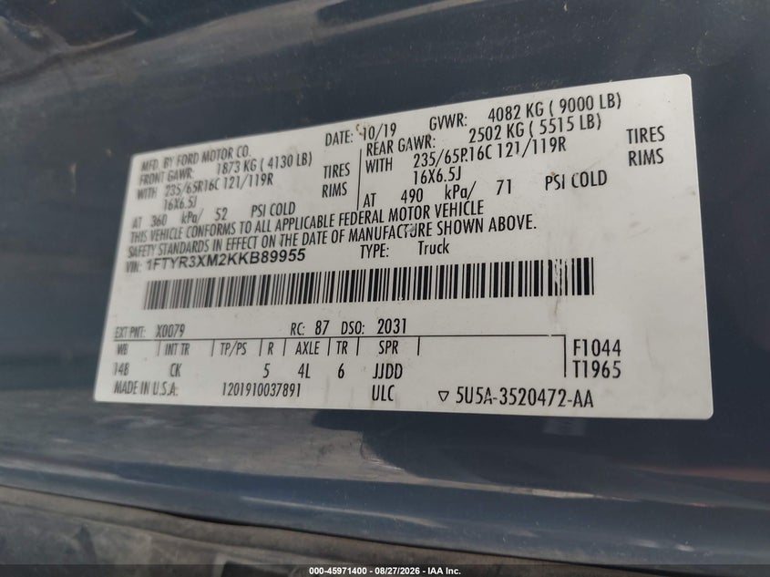 2019 Ford Transit-250 VIN 1FTYR3XM2KKB89955 IAAI salvage auction — LEFT & RIGHT, Clear (North Carolina), sold $7,400 on 2026-09-08 (photo 9)
