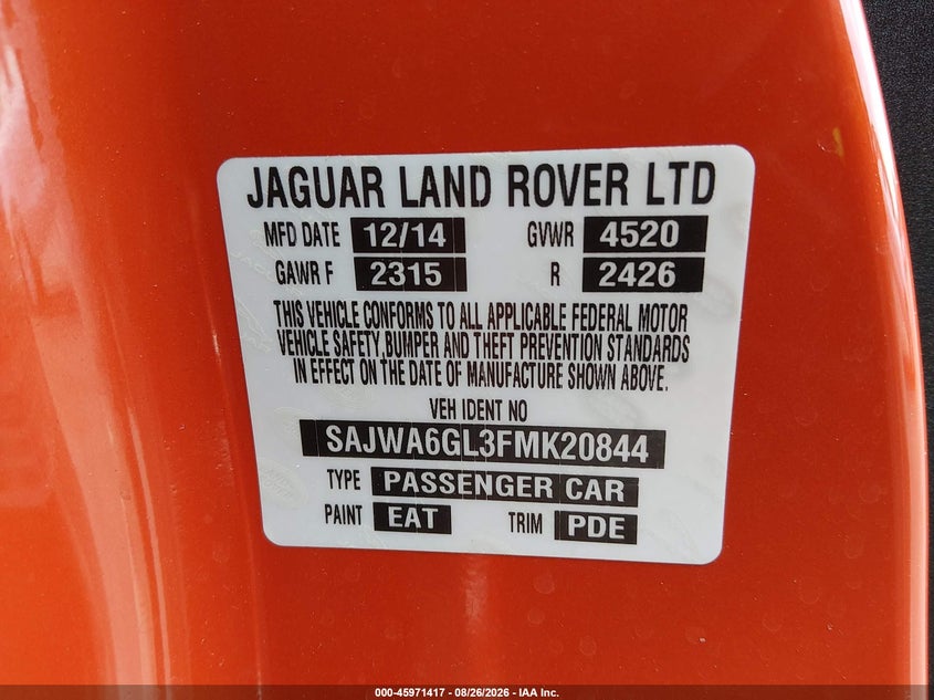 2015 Jaguar F-type VIN SAJWA6GL3FMK20844 IAAI salvage auction — RIGHT FRONT, Salvage (Virginia), sold $7,200 on 2026-09-05 (photo 9)