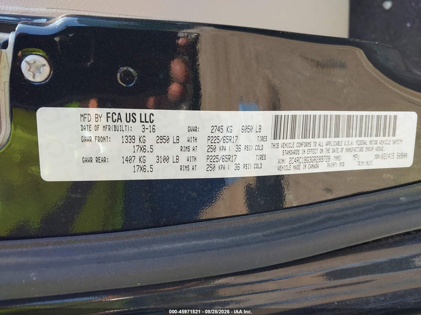 2016 Chrysler Town & country VIN 2C4RC1BG3GR289728 IAAI salvage auction — NORMAL WEAR, Clear (Indiana), sold $1,875 on 2026-09-10 (photo 9)