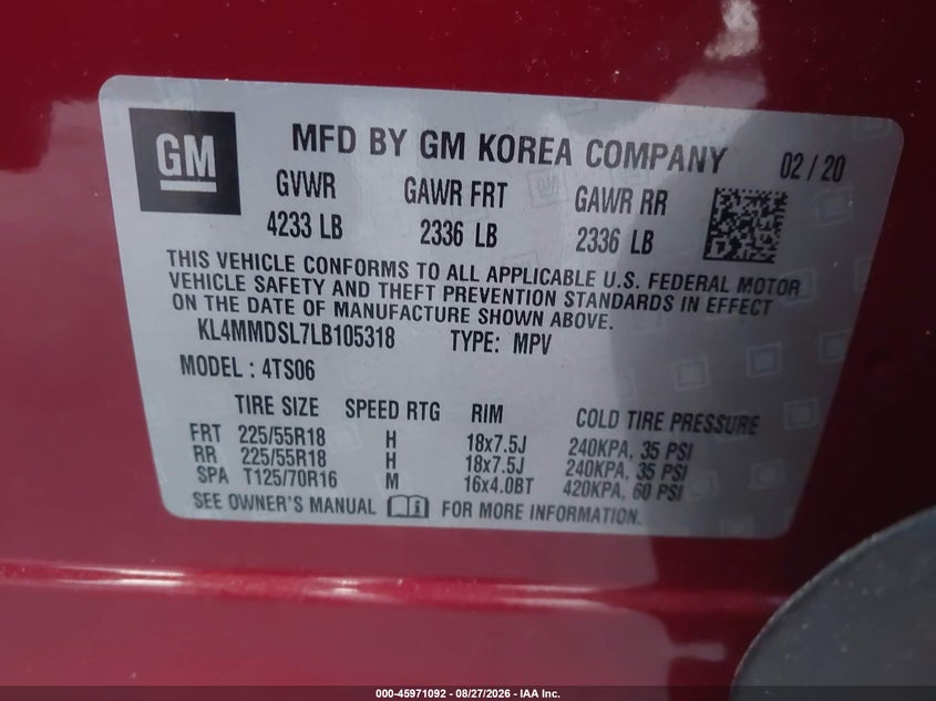 2020 Buick Encore gx VIN KL4MMDSL7LB105318 IAAI salvage auction — ELECTRICAL, Clear (Georgia), sold $8,300 on 2026-09-02 (photo 9)