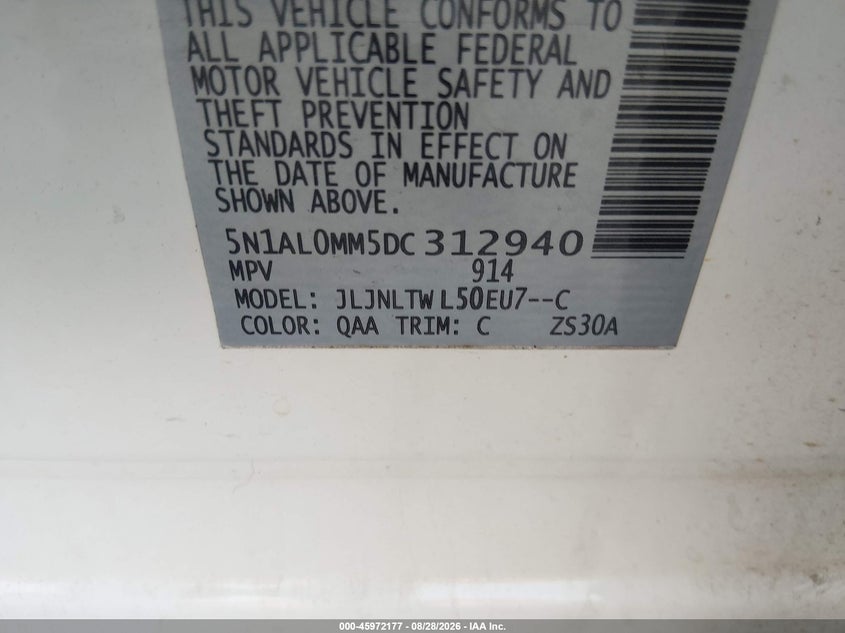 2013 Infiniti Jx VIN 5N1AL0MM5DC312940 IAAI salvage auction — NORMAL WEAR, Wait Title, sold $1,000 on 2026-09-19 (photo 9)