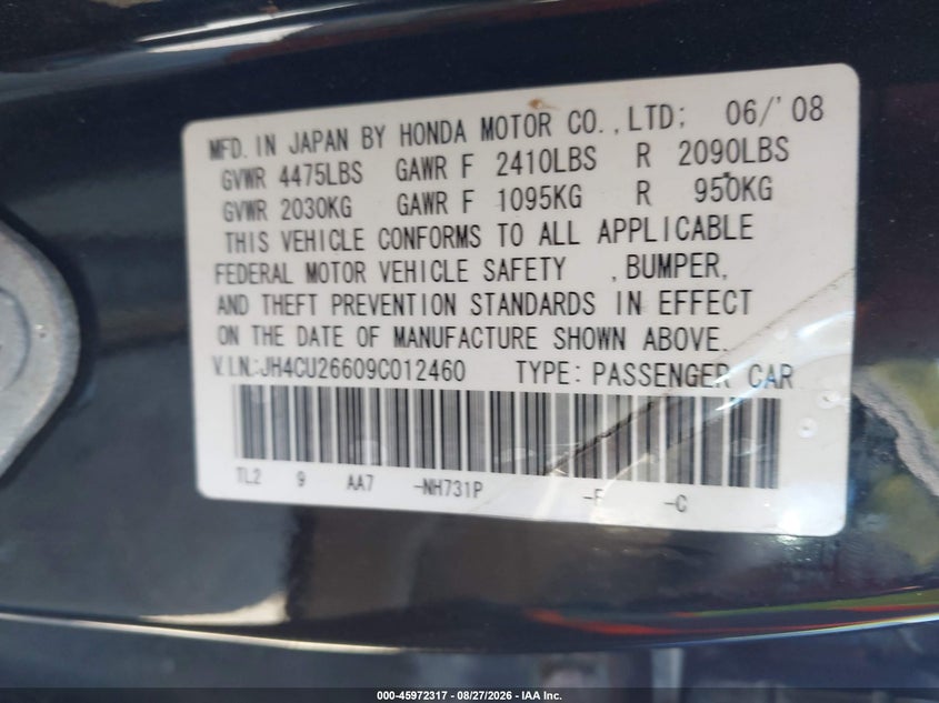2009 Acura Tsx VIN JH4CU26609C012460 IAAI salvage auction — NORMAL WEAR, Clear (Kansas), sold $600 on 2026-09-07 (photo 9)