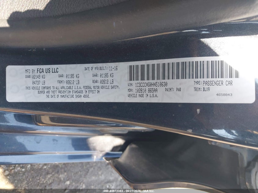 2017 Chrysler 200 VIN 1C3CCCAG0HN510630 IAAI salvage auction — FRONT END, Salvage (Arkansas), sold $825 on 2026-09-23 (photo 9)
