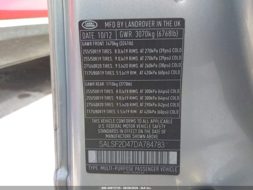 2013 Land rover Range rover sport VIN SALSF2D47DA784783 IAAI salvage auction — RIGHT SIDE, Wait Title, sold $1,050 on 2026-09-28 (photo 9)