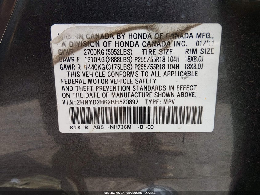 2011 Acura Mdx VIN 2HNYD2H62BH520897 IAAI salvage auction — NORMAL WEAR, Clear (Georgia), sold $975 on 2026-09-02 (photo 9)