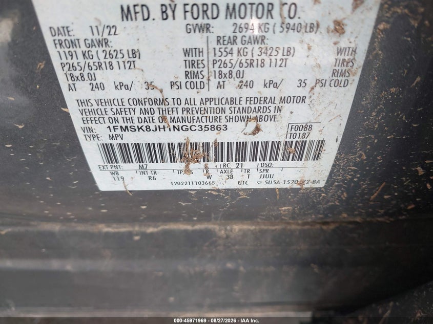 2022 Ford Explorer VIN 1FMSK8JH1NGC35863 IAAI salvage auction — FRONT & REAR, Salvage (North Carolina), sold $7,100 on 2026-10-05 (photo 9)
