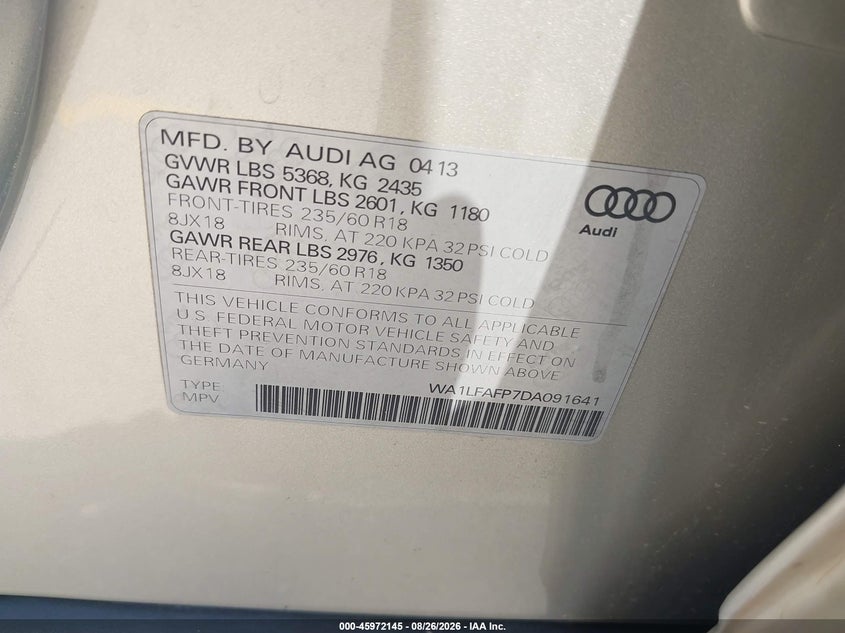 2013 Audi Q5 VIN WA1LFAFP7DA091641 IAAI salvage auction — NORMAL WEAR, Clear (Texas), sold $850 on 2026-09-11 (photo 9)