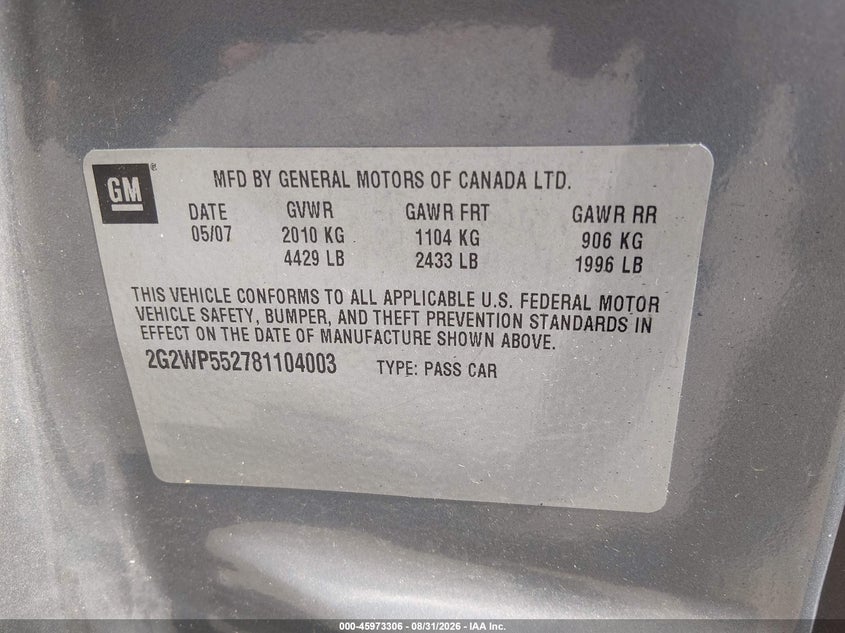 2008 Pontiac Grand prix VIN 2G2WP552781104003 IAAI salvage auction — NORMAL WEAR, Clear (Illinois), sold $275 on 2026-09-02 (photo 9)