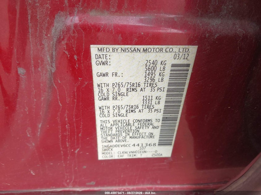 2012 Nissan Navara (frontier) VIN 1N6AD0EV6CC441368 IAAI salvage auction — RIGHT SIDE, Wait Title, sold $1,650 on 2026-09-18 (photo 9)
