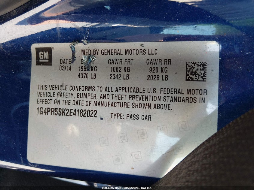2014 Buick Verano VIN 1G4PR5SK2E4182022 IAAI salvage auction — REAR END, Salvage Title, sold $825 on 2026-10-04 (photo 9)