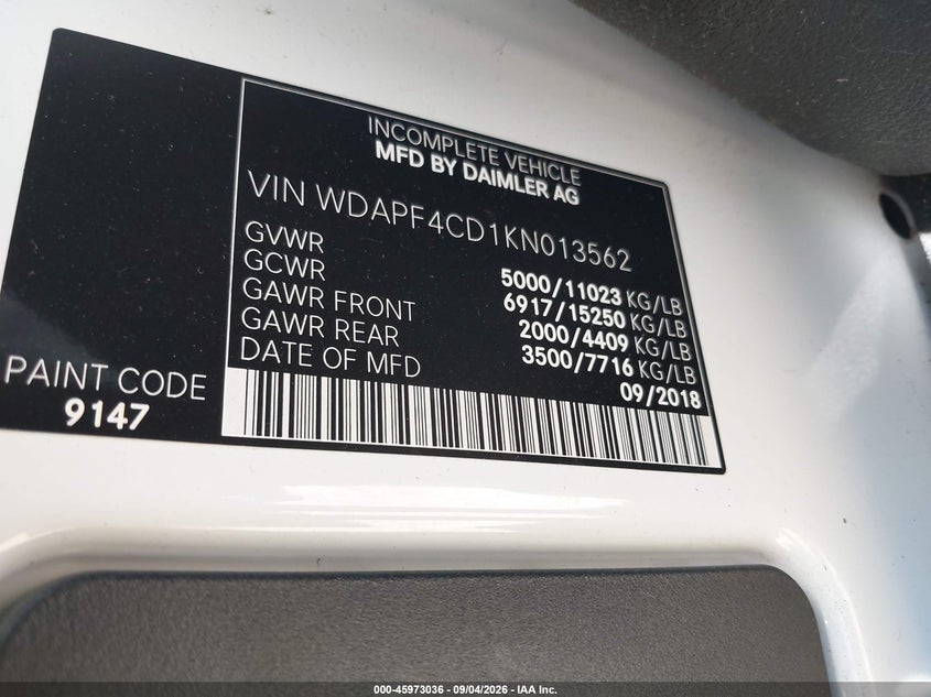 2019 Mercedes-benz Sprinter VIN WDAPF4CD1KN013562 IAAI salvage auction — RIGHT SIDE, Wait Title, sold $10,100 on 2026-10-20 (photo 9)