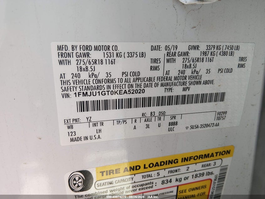 2019 Ford Expedition VIN 1FMJU1GT0KEA52020 IAAI salvage auction — FRONT & REAR, SF97 (California), sold $25 on 2026-09-10 (photo 9)