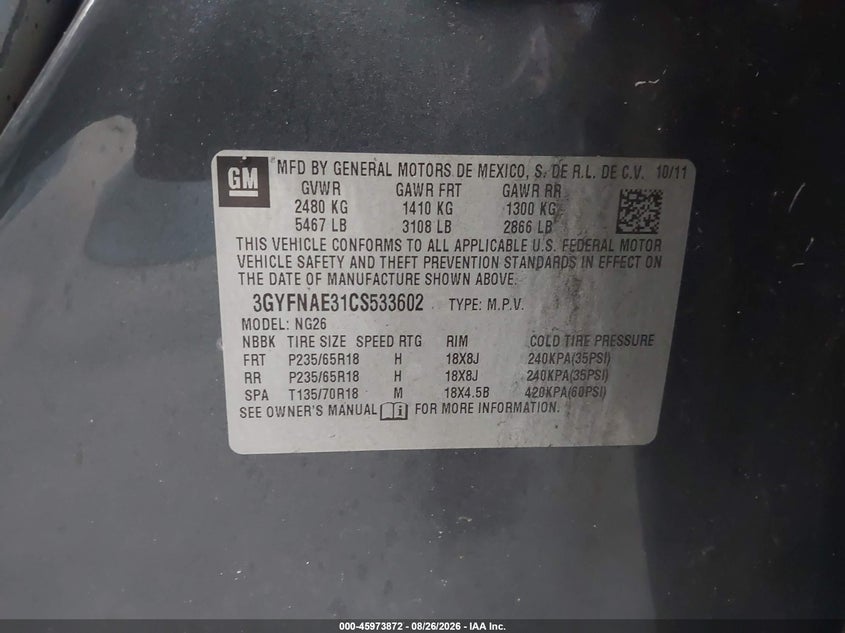 2012 Cadillac Srx VIN 3GYFNAE31CS533602 IAAI salvage auction — FRONT END, Salvage Title, sold $900 on 2026-09-07 (photo 9)
