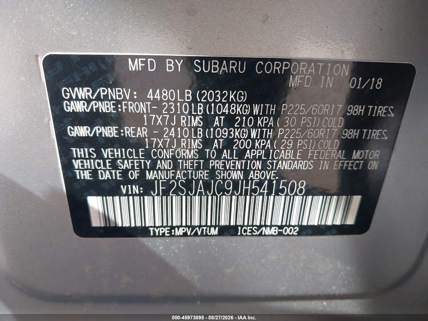 2018 Subaru Forester VIN JF2SJAJC9JH541508 IAAI salvage auction — NORMAL WEAR, Original (Ohio), sold $15,150 on 2026-09-15 (photo 9)
