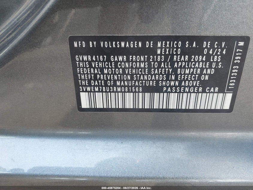 2024 Volkswagen Jetta VIN 3VWEM7BU3RM081568 IAAI salvage auction — FRONT END, Enterprise Vehicles Clear Only (Virginia), sold $11,000 on 2026-09-03 (photo 9)