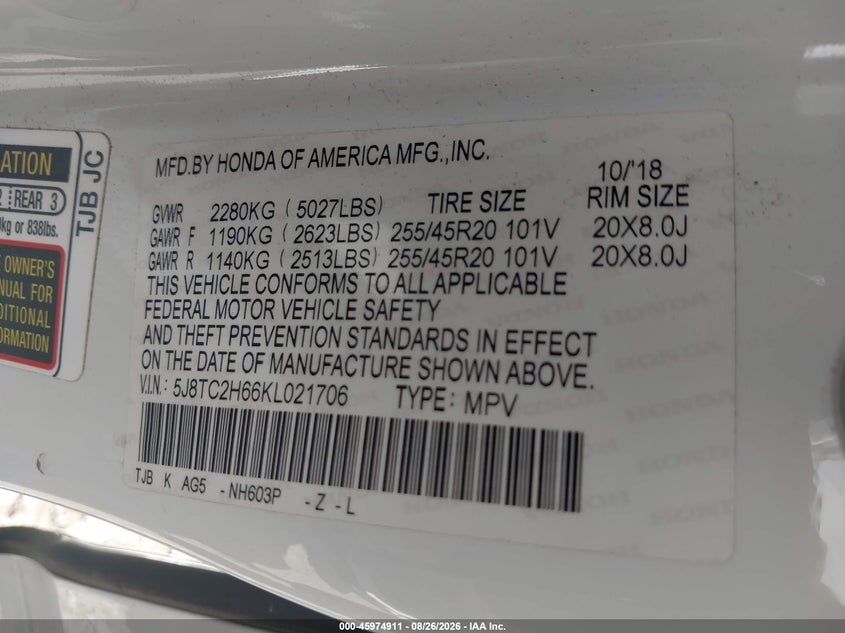 2019 Acura Rdx VIN 5J8TC2H66KL021706 IAAI salvage auction — REAR END, Wait Title, sold $6,250 on 2026-09-29 (photo 9)
