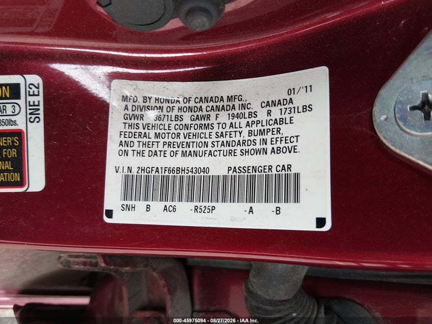 2011 Honda Civic VIN 2HGFA1F66BH543040 IAAI salvage auction — REAR END, Salvage (Connecticut), sold $1,975 on 2026-09-11 (photo 9)