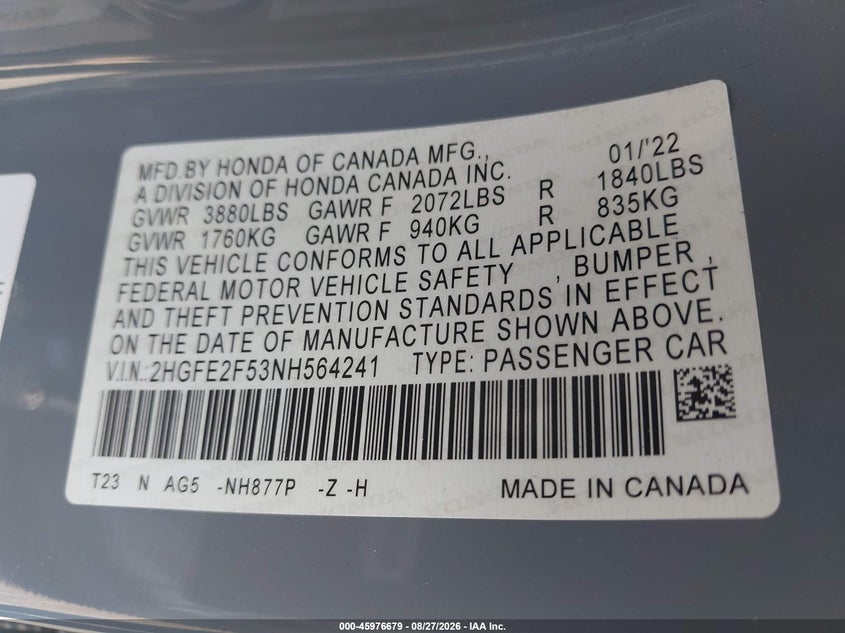 2022 Honda Civic VIN 2HGFE2F53NH564241 IAAI salvage auction — RIGHT FRONT, Salvage Title, sold $7,500 on 2026-09-10 (photo 9)