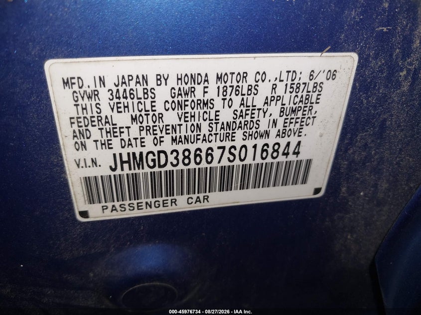 2007 Honda Fit VIN JHMGD38667S016844 IAAI salvage auction — WATER/FLOOD, Clear, sold $1,250 on 2026-10-03 (photo 9)