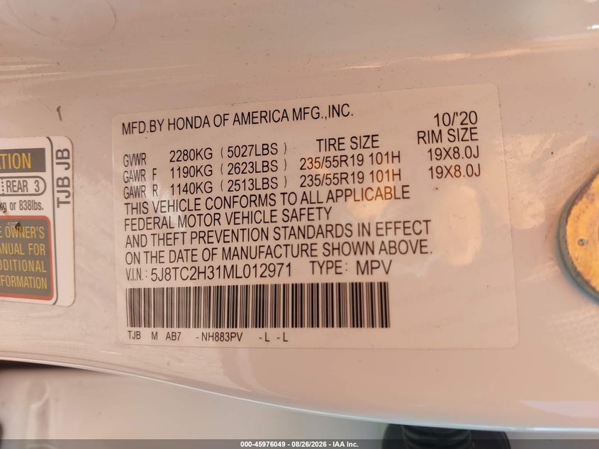 2021 Acura Rdx VIN 5J8TC2H31ML012971 IAAI salvage auction — FRONT END, Salvage Title, sold $8,800 on 2026-09-15 (photo 9)