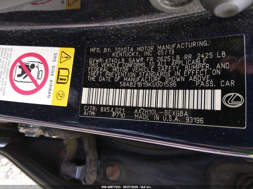 2019 Lexus ES VIN 58AB21B19KU001596 IAAI salvage auction — FRONT END, Wait Title, sold $7,400 on 2026-10-05 (photo 9)