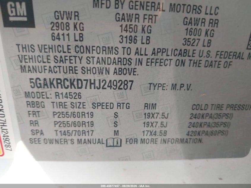 2017 Buick Enclave VIN 5GAKRCKD7HJ249287 IAAI salvage auction — RIGHT FRONT, Salvage Title, sold $1,000 on 2026-09-26 (photo 9)