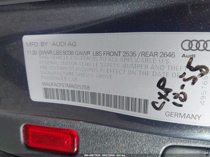 2021 Audi A5 VIN WAUFACF57MA025258 IAAI salvage auction — RIGHT SIDE, Salvage Title, sold $9,100 on 2026-09-24 (photo 9)