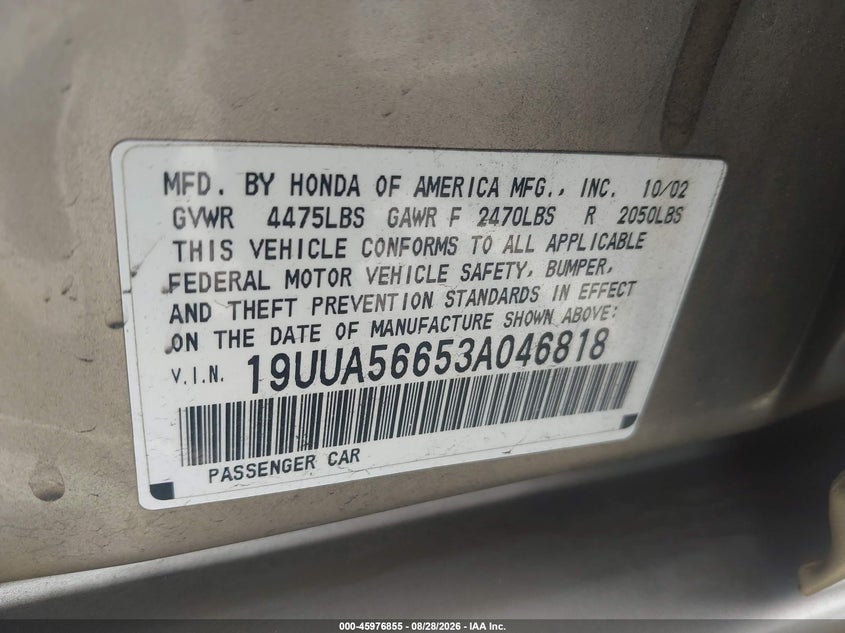 2003 Acura Tl VIN 19UUA56653A046818 IAAI salvage auction — RIGHT SIDE, Salvage (California), sold $1,825 on 2026-09-16 (photo 9)